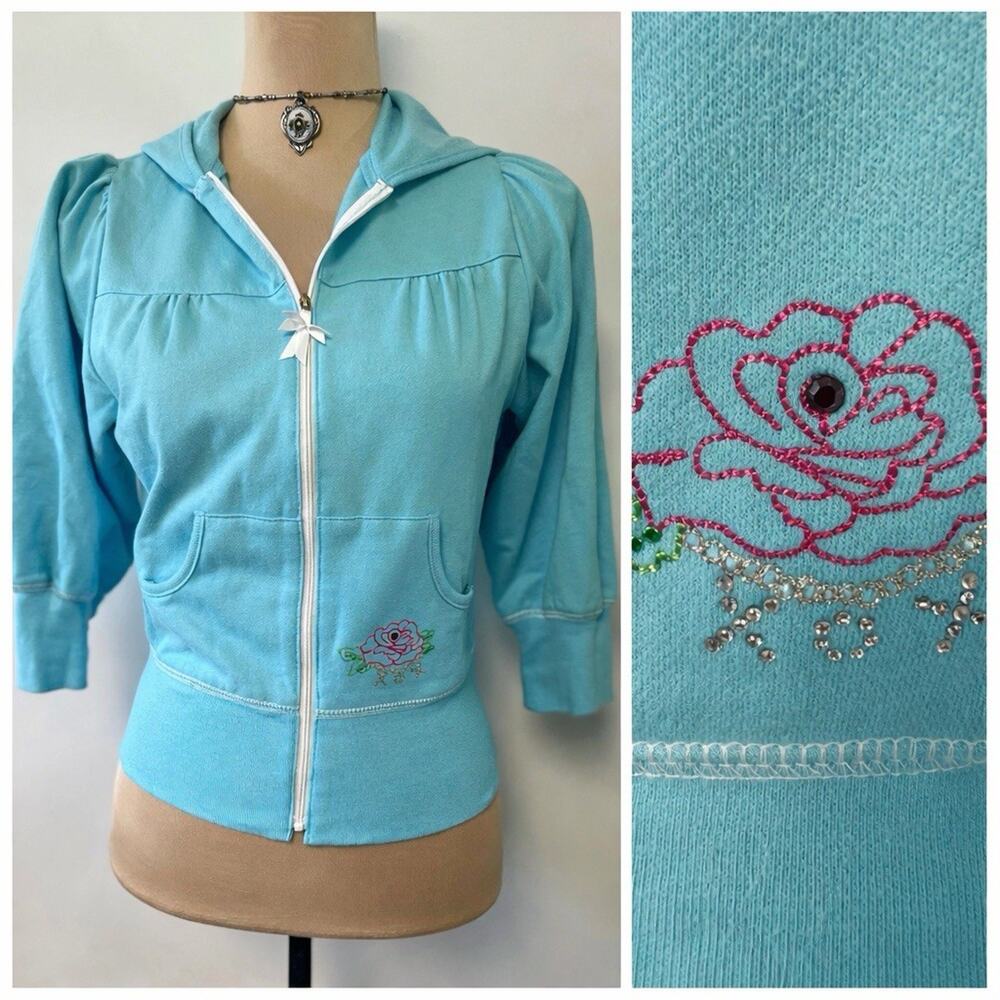 Betsey Johnson Y2K Bling Embroidered Jacket Small Y2K Bow Full Zip Turquoise 00s